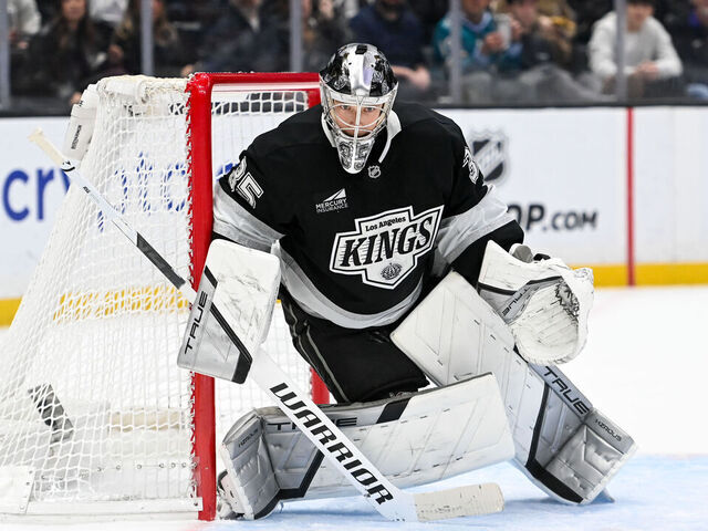 LOS ANGELES, CA - JANUARY 7: Darcy Kuemper #35 of the Los Angeles Kings protects the goal during overtime against the San Jose Sharks at Crypto.com Arena on January 7, 2026 in Los Angeles, California.