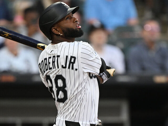 CHICAGO, ILLINOIS - AUGUST 25: Luis Robert #88 of the Chicago White Sox at bat against the Kansas City Royals at Rate Field on August 25, 2025 in Chicago, Illinois.