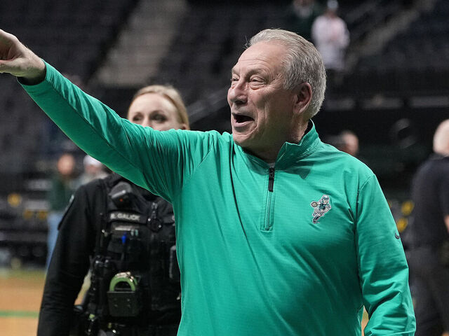 EUGENE, OREGON - JANUARY 20: Tom Izzo of the Michigan State Spartans gestures to fans as he leaves the court following a win over the Oregon Ducks at Matthew Knight Arena on January 20, 2026 in Eugene, Oregon.