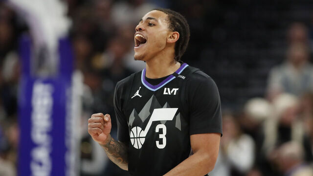 SALT LAKE CITY, UT - JANUARY 20: Keyonte George #3 of the Utah Jazz reacts during the second half of their game against the Minnesota Timberwolves at the Delta Center on January 20, 2026 in Salt Lake City, Utah.