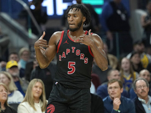 SAN FRANCISCO, CALIFORNIA - JANUARY 20: Immanuel Quickley #5 of the Toronto Raptors reacts after making a three-point shot against the Golden State Warriors in the second half at Chase Center on January 20, 2026 in San Francisco, California.