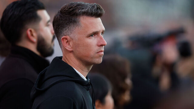 SAN FRANCISCO, CALIFORNIA - SEPTEMBER 26: San Francisco Giants President of Baseball Operations Buster Posey looks on before the game against the Colorado Rockies at Oracle Park on September 26, 2025 in San Francisco, California.