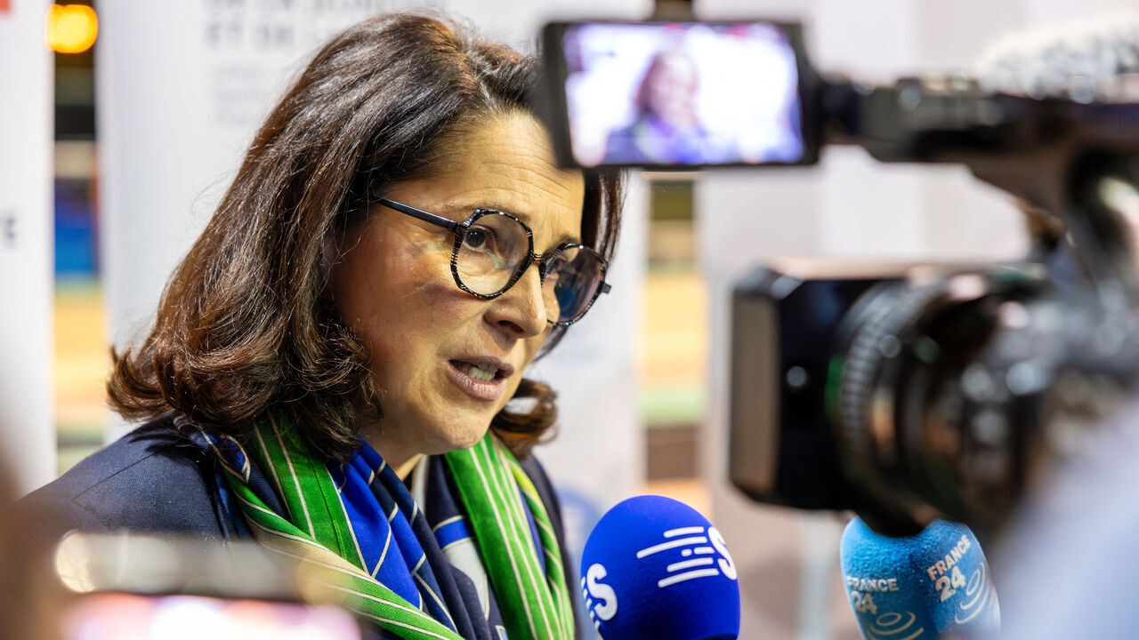 Portrait in action of Marina Ferrari, Minister of Youth, Sports, and Community Life, responding to journalists after the 2026 New Year s ceremony for the world of sports, which took place at INSEP in Paris, France, on January 20, 2026.This ceremony took place in the presence of Marina Ferrari, Minister of Youth, Sports, and Community Life, Marina Ferrari, the President of the French National Olympic and Sports Committee, Amelie Oudea-Castera, the President of the French Paralympic Sports Committee, Marie-Amelie Le Fur, and the President of the Organizing Committee for the 2030 French Alps Olympic and Paralympic Games, Edgar Grospiron.