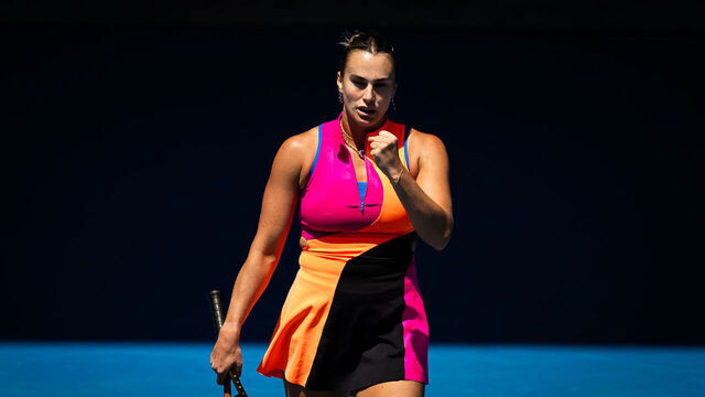 MELBOURNE, AUSTRALIA - JANUARY 21: Aryna Sabalenka in action against Zhuoxuan Bai of China in the second round on Day 4 of the 2026 Australian Open at Melbourne Park on January 21, 2026 in Melbourne, Australia