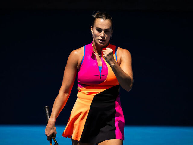 MELBOURNE, AUSTRALIA - JANUARY 21: Aryna Sabalenka in action against Zhuoxuan Bai of China in the second round on Day 4 of the 2026 Australian Open at Melbourne Park on January 21, 2026 in Melbourne, Australia