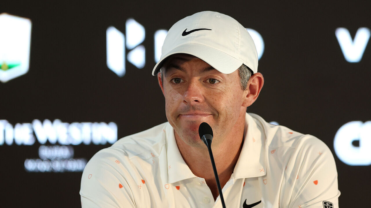 DUBAI, UNITED ARAB EMIRATES - JANUARY 21: Rory McIlroy of Northern Ireland speaks to the media during a press conference following a Pro-Am prior to the Hero Dubai Desert Classic 2026 at Emirates Golf Club on January 21, 2026 in Dubai, United Arab Emirates.