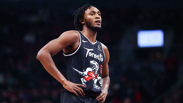 TORONTO, CANADA - JANUARY 12: Immanuel Quickley #5 of the Toronto Raptors walks the court during their NBA game against the Philadelphia 76ers at Scotiabank Arena on January 12, 2026 in Toronto, Ontario, Canada. NOTE TO USER: User expressly acknowledges and agrees that, by downloading and/or using this Photograph, user is consenting to the terms and conditions of the Getty Images License Agreement