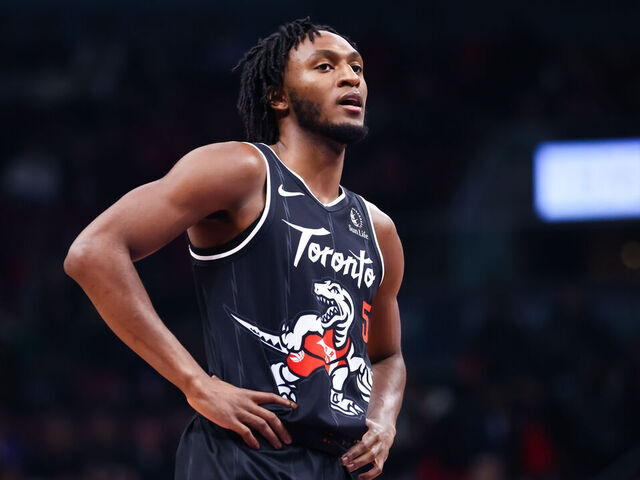 TORONTO, CANADA - JANUARY 12: Immanuel Quickley #5 of the Toronto Raptors walks the court during their NBA game against the Philadelphia 76ers at Scotiabank Arena on January 12, 2026 in Toronto, Ontario, Canada. NOTE TO USER: User expressly acknowledges and agrees that, by downloading and/or using this Photograph, user is consenting to the terms and conditions of the Getty Images License Agreement
