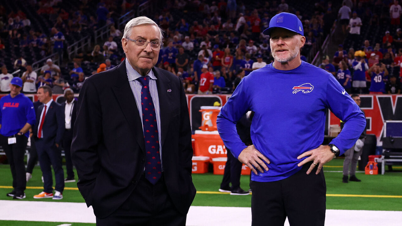 HOUSTON, TEXAS - NOVEMBER 20: Owner Terry Pegula and head coach Sean McDermott of the Buffalo Bills walk the field prior to the game against the Houston Texans at NRG Stadium on November 20, 2025 in Houston, Texas.