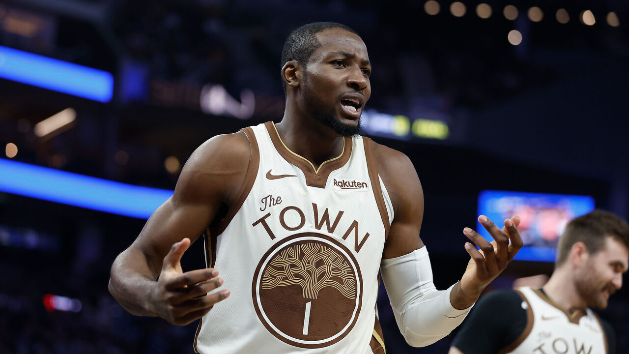 SAN FRANCISCO, CALIFORNIA - NOVEMBER 29: Jonathan Kuminga #1 of the Golden State Warriors reacts after a basket by Saddiq Bey #41 of the New Orleans Pelicans in the fourth quarter at Chase Center on November 29, 2025 in San Francisco, California.