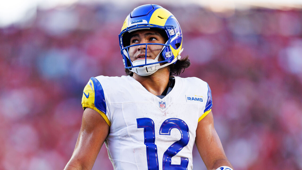 SANTA CLARA, CALIFORNIA - NOVEMBER 09: Puka Nacua #12 of the Los Angeles Rams gets set during the third quarter of an NFL football game against the San Francisco 49ers at Levi's Stadium on November 09, 2025 in Santa Clara, California.
