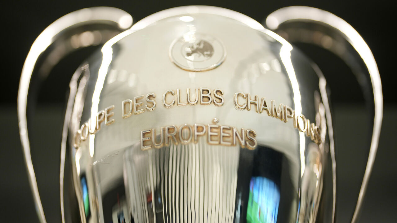 MADRID, SPAIN - DECEMBER 10: A detailed view of the UEFA Champions League Trophy inside the stadium prior to the UEFA Champions League 2025/26 League Phase MD6 match between Real Madrid C.F. and Manchester City at Estadio Santiago Bernabeu on December 10, 2025 in Madrid, Spain.