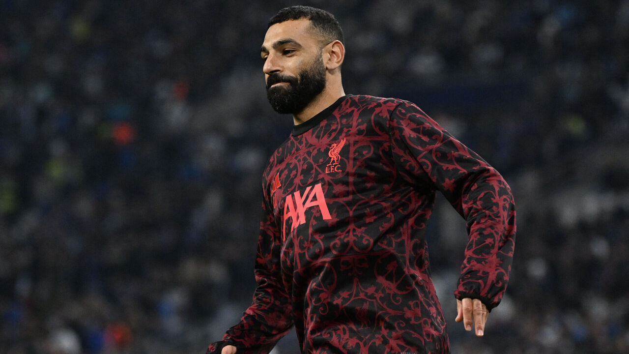 Liverpool's Egyptian forward #11 Mohamed Salah warms up prior the UEFA Champions League, league phase day 7, football match between Olympique de Marseille (OM) and Liverpool FC at the Stade Velodrome in Marseille, southern France, on January 21, 2026.
