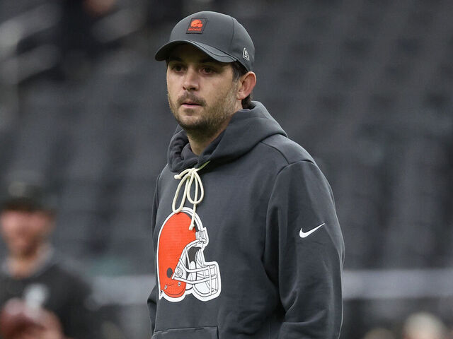LAS VEGAS, NEVADA - NOVEMBER 23: Offensive Coordinator Tommy Rees of the Cleveland Browns looks on before the game against the Las Vegas Raiders at Allegiant Stadium on November 23, 2025 in Las Vegas, Nevada.