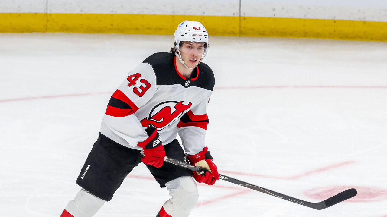 WINNIPEG, CANADA - JANUARY 11: Luke Hughes #43 of the New Jersey Devils skates during third period action against the Winnipeg Jets at Canada Life Centre on January 11, 2026 in Winnipeg, Manitoba, Canada.