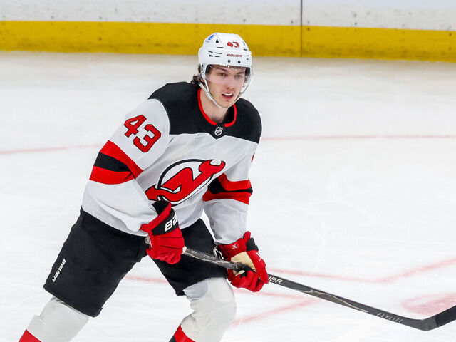 WINNIPEG, CANADA - JANUARY 11: Luke Hughes #43 of the New Jersey Devils skates during third period action against the Winnipeg Jets at Canada Life Centre on January 11, 2026 in Winnipeg, Manitoba, Canada.