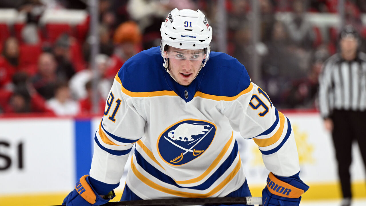 RALEIGH, NC - JANUARY 19: Right Wing Josh Doan (91) of the Buffalo Sabres prepares for a faceoff during the NHL game between the Buffalo Sabres and the Carolina Hurricanes on January 19, 2026 at Lenovo Center in Raleigh, North Carolina.