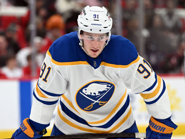 RALEIGH, NC - JANUARY 19: Right Wing Josh Doan (91) of the Buffalo Sabres prepares for a faceoff during the NHL game between the Buffalo Sabres and the Carolina Hurricanes on January 19, 2026 at Lenovo Center in Raleigh, North Carolina.