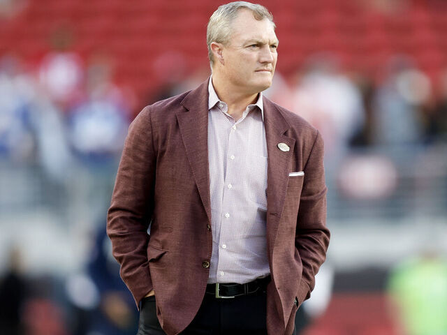 SANTA CLARA, CALIFORNIA - JANUARY 03: General Manager John Lynch of the San Francisco 49ers looks on prior to a game against the Seattle Seahawks at Levi's Stadium on January 03, 2026 in Santa Clara, California.
