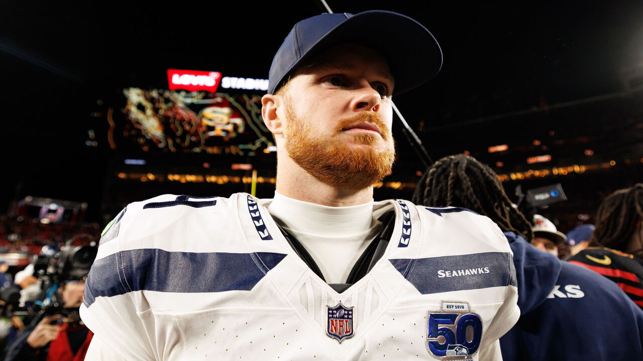 SANTA CLARA, CALIFORNIA - JANUARY 3: Sam Darnold #14 of the Seattle Seahawks stands on the field after winning an NFL football game against the San Francisco 49ers at Levi's Stadium on January 03, 2026 in Santa Clara, California.
