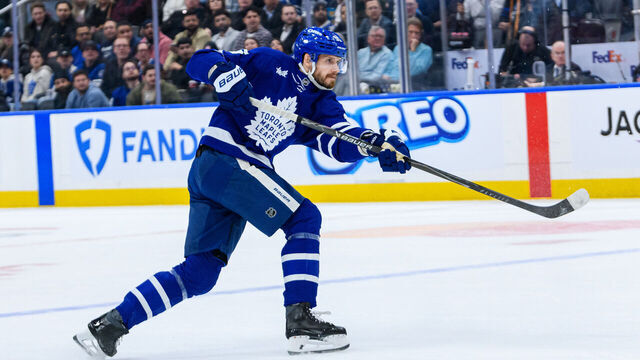 TORONTO, ON - JANUARY 19: Toronto Maple Leafs defenseman Oliver Ekman-Larsson (95) shoots the puck during the NHL regular season game between the Minnesota Wild and the Toronto Maple Leafs on January 19, 2026, at Scotiabank Arena in Toronto, ON, Canada.