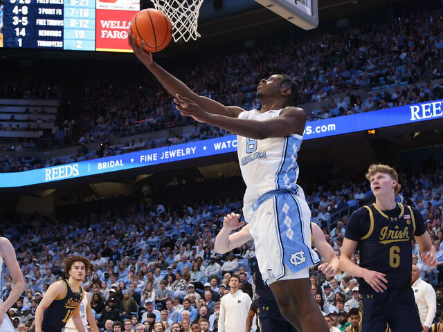 CHAPEL HILL, NC - JANUARY 21: Caleb Wilson #8 of the North Carolina Tar Heels gets the layup during the college basketball game between the Notre Dame Fighting Irish and the North Carolina Tar Heels on January 21, 2026 at the Dean Smith Center in Chapel Hill, NC.