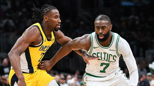 BOSTON, MASSACHUSETTS - JANUARY 21: Jaylen Brown #7 of the Boston Celtics dribbles the ball against the Indiana Pacers during the first half at TD Garden on January 21, 2026 in Boston, Massachusetts.
