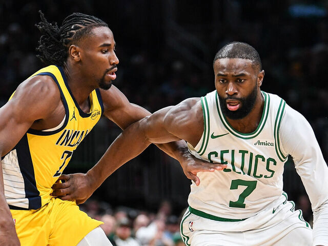 BOSTON, MASSACHUSETTS - JANUARY 21: Jaylen Brown #7 of the Boston Celtics dribbles the ball against the Indiana Pacers during the first half at TD Garden on January 21, 2026 in Boston, Massachusetts.