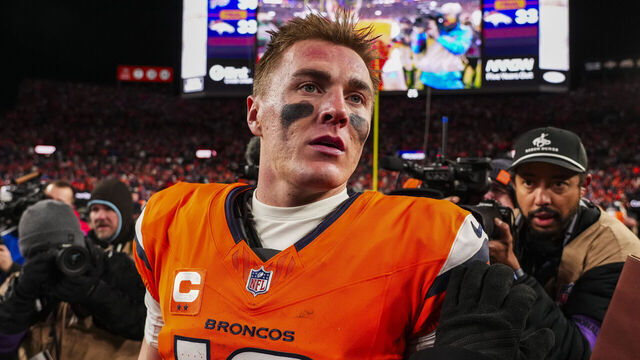 DENVER, COLORADO - JANUARY 17: Bo Nix #10 of the Denver Broncos celebrates after an NFL divisional playoff football game against the Buffalo Bills at Empower Field at Mile High on January 17, 2026 in Denver, Colorado.