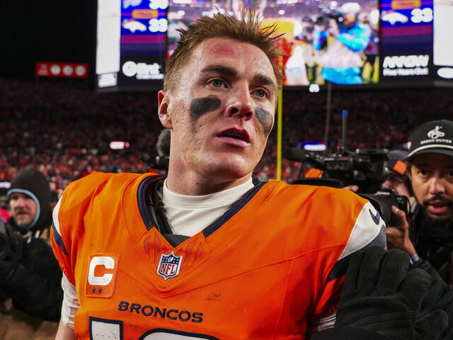DENVER, COLORADO - JANUARY 17: Bo Nix #10 of the Denver Broncos celebrates after an NFL divisional playoff football game against the Buffalo Bills at Empower Field at Mile High on January 17, 2026 in Denver, Colorado.