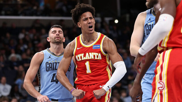 MEMPHIS, TENNESSEE - JANUARY 21: Jalen Johnson #1 of the Atlanta Hawks reacts during the first half against the Memphis Grizzlies at FedExForum on January 21, 2026 in Memphis, Tennessee.