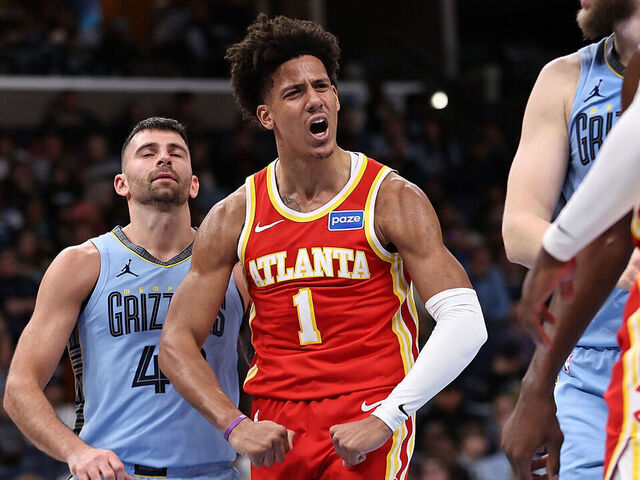 MEMPHIS, TENNESSEE - JANUARY 21: Jalen Johnson #1 of the Atlanta Hawks reacts during the first half against the Memphis Grizzlies at FedExForum on January 21, 2026 in Memphis, Tennessee.