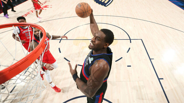 NEW ORLEANS, LA - JANUARY 21: Jalen Duren #0 of the Detroit Pistons drives to the basket during the game against the New Orleans Pelicans on January 21, 2026 at the Smoothie King Center in New Orleans, Louisiana. Mandatory Copyright Notice: Copyright 2026 NBAE