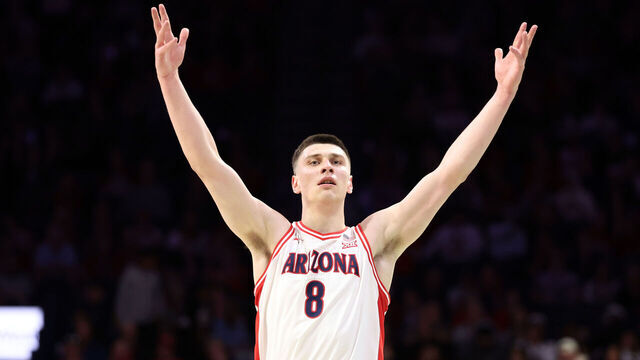 TUCSON, ARIZONA - JANUARY 21: Ivan Kharchenkov #8 of the Arizona Wildcats reacts after scoring a basket against the Cincinnati Bearcats during the second half at McKale Center on January 21, 2026 in Tucson, Arizona.