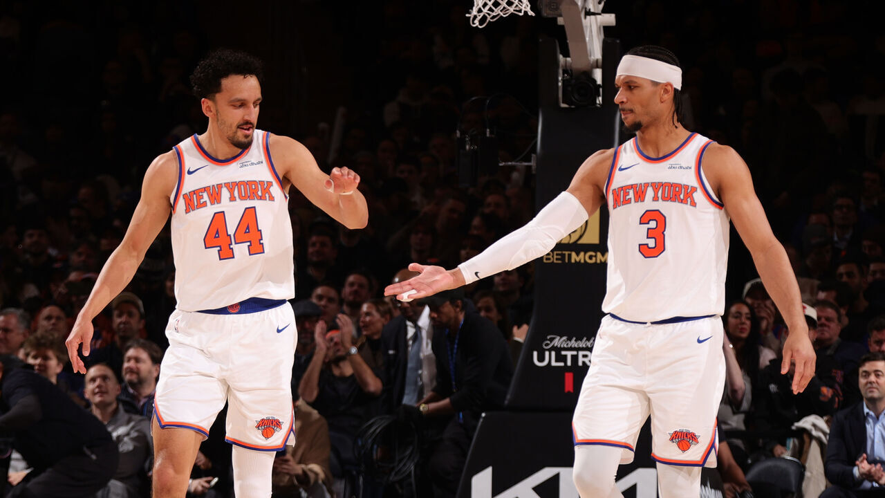 NEW YORK, NY - JANUARY 21: Landry Shamet #44 and Josh Hart #3 of the New York Knicks high five during the game against the Brooklyn Nets on January 21, 2026 at Madison Square Garden in New York City, New York. Mandatory Copyright Notice: Copyright 2026 NBAE