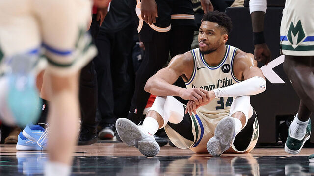 ATLANTA, GEORGIA - JANUARY 19: Giannis Antetokounmpo #34 of the Milwaukee Bucks reacts after drawing a foul on a basket against the Atlanta Hawks during the fourth quarter at State Farm Arena on January 19, 2026 in Atlanta, Georgia.