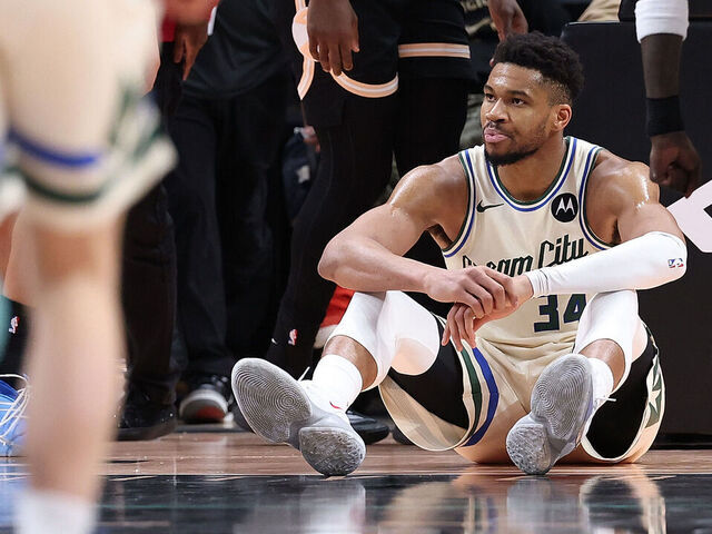 ATLANTA, GEORGIA - JANUARY 19: Giannis Antetokounmpo #34 of the Milwaukee Bucks reacts after drawing a foul on a basket against the Atlanta Hawks during the fourth quarter at State Farm Arena on January 19, 2026 in Atlanta, Georgia.