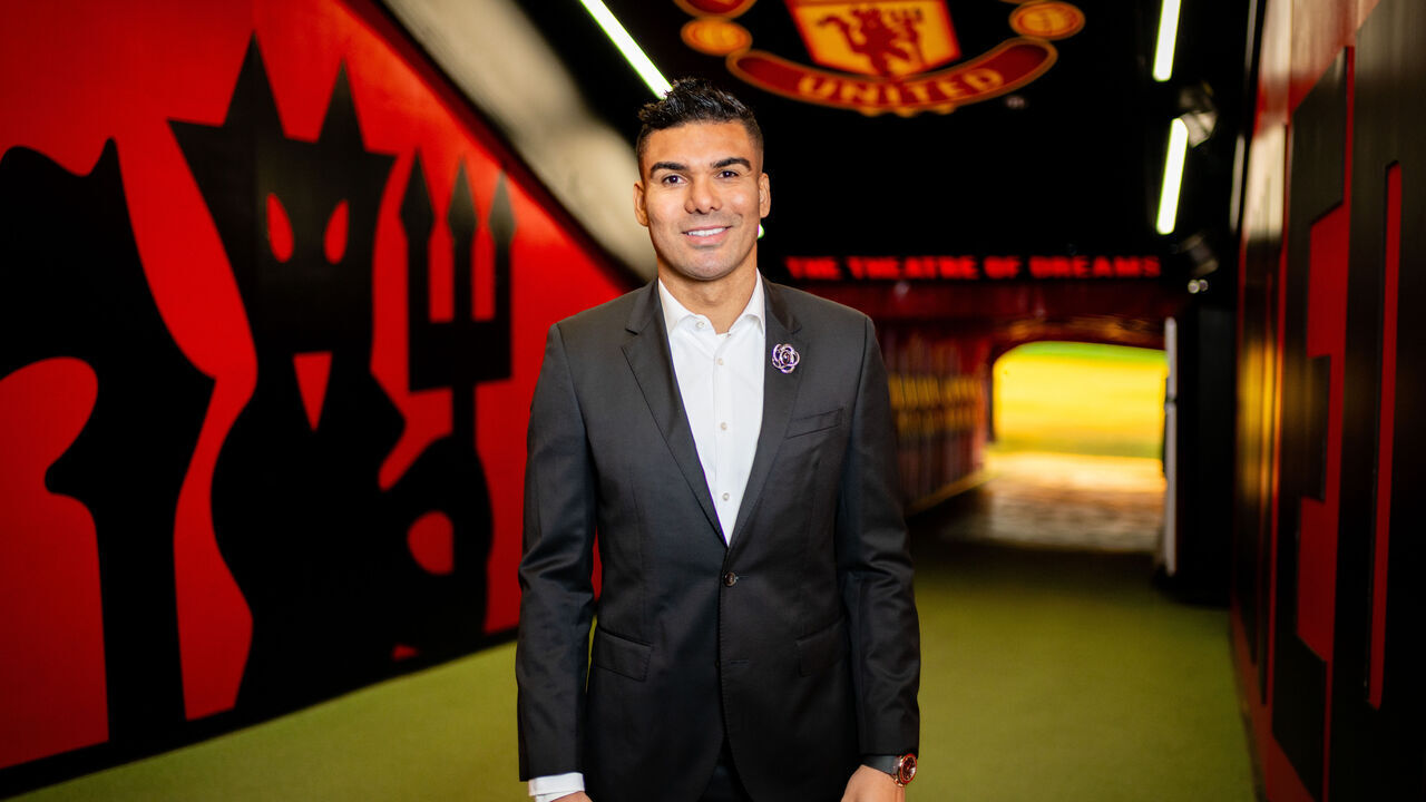 MANCHESTER, ENGLAND - JANUARY 22: Casemiro of Manchester United poses at Old Trafford after announcing he will leave the club at the end of the season, upon the expiry of his contract on January 22, 2026 in Manchester, England.