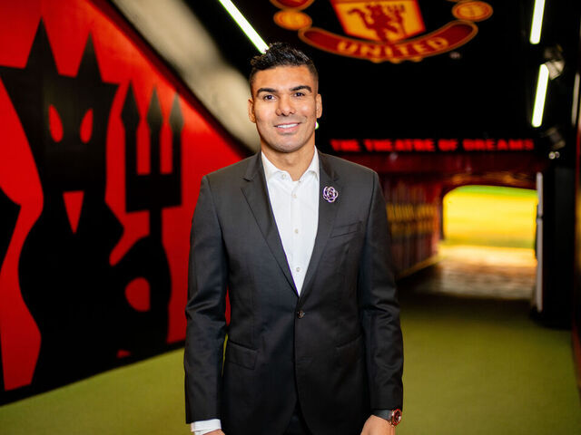 MANCHESTER, ENGLAND - JANUARY 22: Casemiro of Manchester United poses at Old Trafford after announcing he will leave the club at the end of the season, upon the expiry of his contract on January 22, 2026 in Manchester, England.