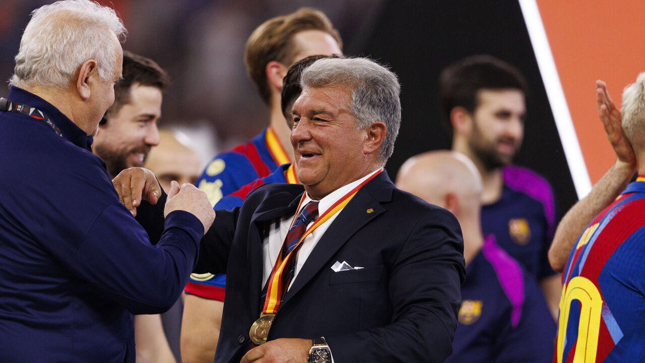 JEDDAH, SAUDI ARABIA - JANUARY 11: FC Barcelona President Joan Laporta celebrates following the Spanish Super Cup Final match between FC Barcelona and Real Madrid CF at King Abdullah Sports City Hall Stadium on January 11, 2026 in Jeddah, Saudi Arabia.