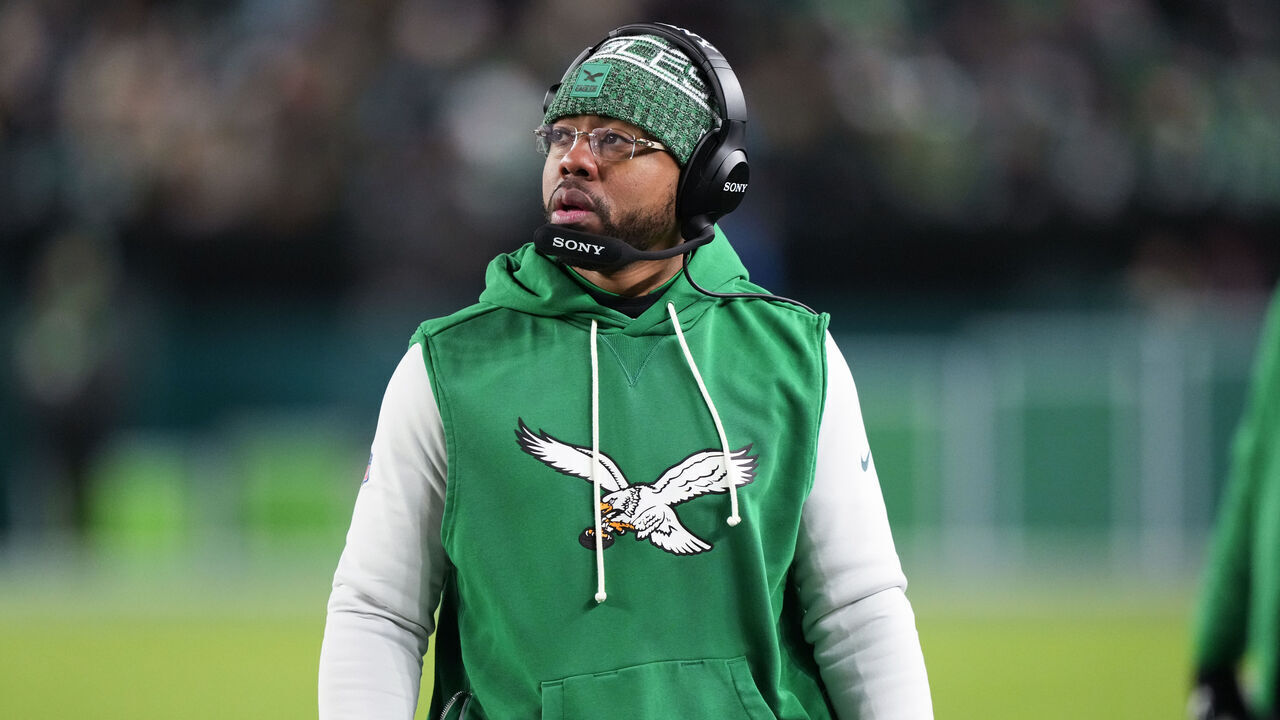 PHILADELPHIA, PA - JANUARY 04: Philadelphia Eagles passing game coordinator Christian Parker looks on in the second half during the game between the Washington Commanders and Philadelphia Eagles on January 04, 2026 at Lincoln Financial Field in Philadelphia, PA.