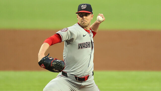 ATLANTA, GEORGIA - SEPTEMBER 22: MacKenzie Gore #1 of the Washington Nationals pitches in the first inning against the Atlanta Braves at Truist Park on September 22, 2025 in Atlanta, Georgia.