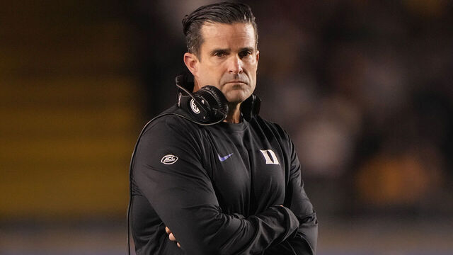 BERKELEY, CALIFORNIA - OCTOBER 04: Head coach Manny Diaz of the Duke Blue Devils looks on against the California Golden Bears in the second quarter at California Memorial Stadium on October 04, 2025 in Berkeley, California.