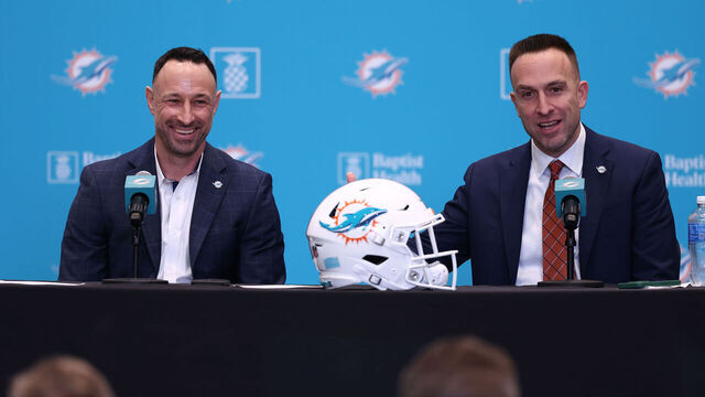 MIAMI GARDENS, FL - JANUARY 22: new Miami Dolphins general manager Jon-Eric Sullivanand new Miami Dolphins head coach Jeff Hafley answer questions from reporters during the Miami Dolphins press conference on Thursday, January 22, 2026 at Baptist Health Training Center in Miami Gardens, FL.