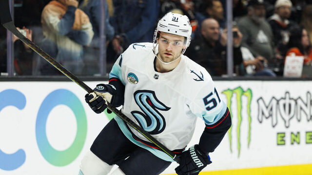 ANAHEIM, CALIFORNIA - DECEMBER 22: Shane Wright #51 of the Seattle Kraken skates before the game against the Anaheim Ducks at Honda Center on December 22, 2025 in Anaheim, California.