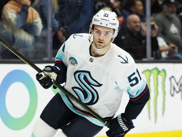 ANAHEIM, CALIFORNIA - DECEMBER 22: Shane Wright #51 of the Seattle Kraken skates before the game against the Anaheim Ducks at Honda Center on December 22, 2025 in Anaheim, California.