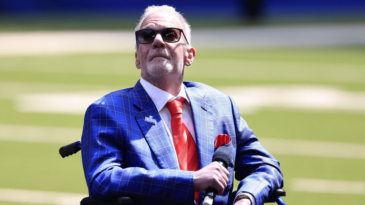 INDIANAPOLIS, INDIANA - SEPTEMBER 08: Indianapolis Colts Own Jim Irsay looks on during the ceremony for Dwight Freeney at Lucas Oil Stadium on September 08, 2024 in Indianapolis, Indiana.