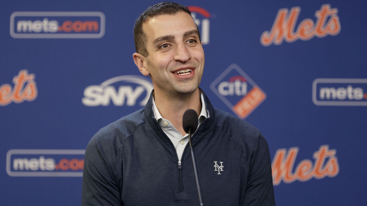 NEW YORK, NEW YORK - APRIL 21: (NEW YORK DAILIES OUT) New York Mets president of baseball operations David Stearns speaks to the media before a game against the Philadelphia Phillies at Citi Field on April 21, 2025 in New York City. The Mets defeated the Phillies 5-4.