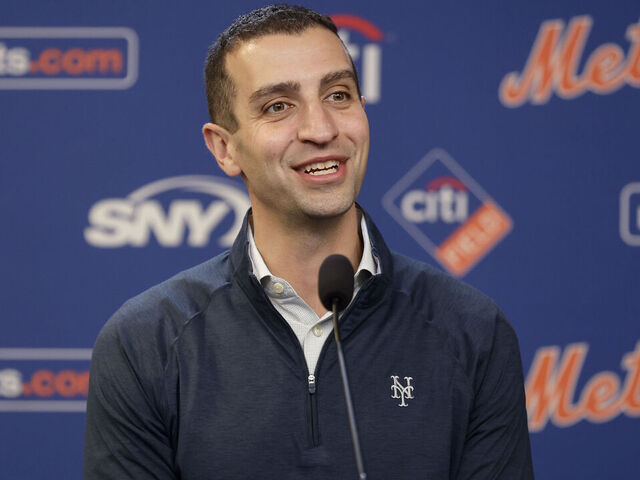 NEW YORK, NEW YORK - APRIL 21: (NEW YORK DAILIES OUT) New York Mets president of baseball operations David Stearns speaks to the media before a game against the Philadelphia Phillies at Citi Field on April 21, 2025 in New York City. The Mets defeated the Phillies 5-4.