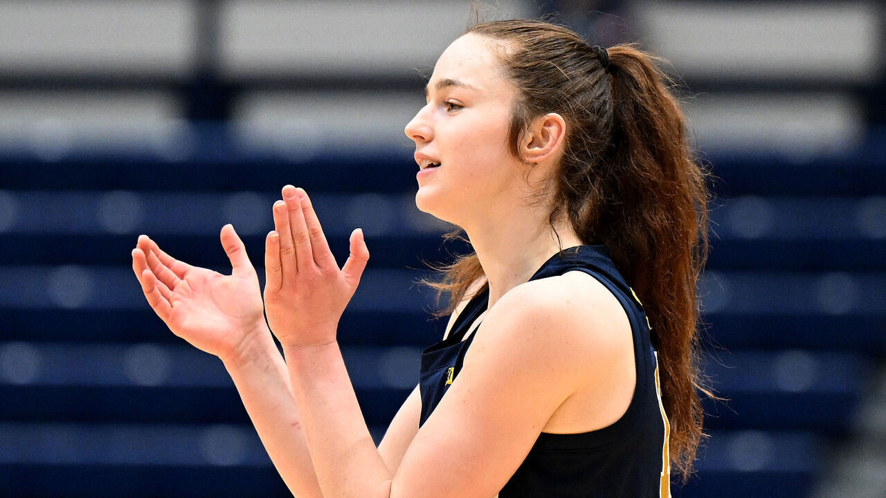 UNIVERSITY PARK, PENNSYLVANIA - JANUARY 08: Syla Swords #12 of the Michigan Wolverines celebrates during the game against the Penn State Nittany Lions at Rec Hall on January 08, 2026 in University Park, Pennsylvania.